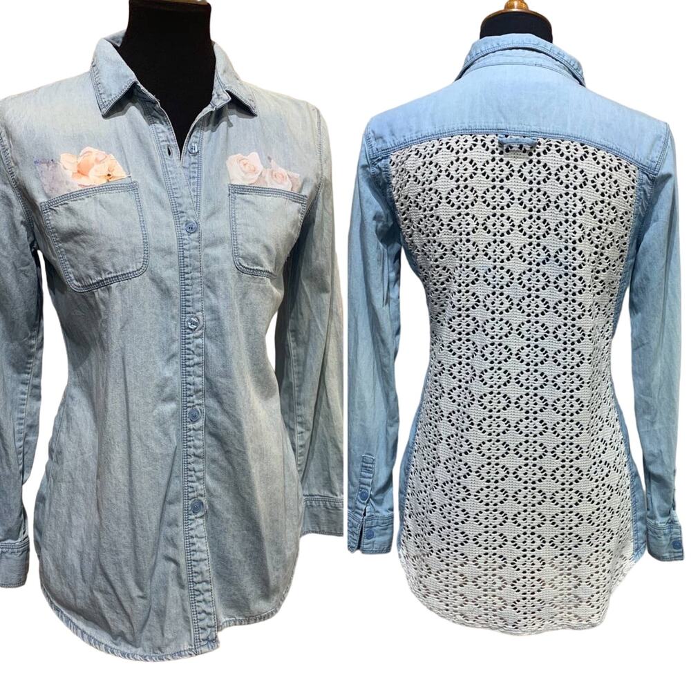 Hand Printed Upcycled Small Rose Flower Lacy Long Sleeve Denim Button Down Shirt